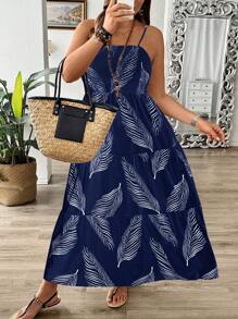 SHEIN Clasi Đầm Maxi xếp ly in hình lá phong cách ngày lễ cỡ lớn cho nữ - Màu xanh hải quân - Xem 4