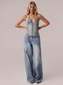 SHEIN Forever 21 Spring&Summer Women Romantic/Prom/Formal/Birthday/Backless/90s /Business Casual/Elegant/Western Wear/Going Out/Fashion/Casual/Y2k Clothes/Club/Office /Cocktail/Vintage/Bodycon/Rave Outfits/Funny/Classy/Old Money/Streetwear/Vacation/Country Concert/Work/Modest/Spring Break/Bachelorette Outfits/Concert/Baddie/Basic/Graduation/Blue Washed/Cowgirl Outfits/Denim Top - Blue - View 4