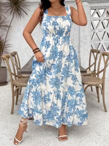 SHEIN Clasi Vestido maxi con tirantes de ajuste y volantes en el bajo con estampado floral para mujer talla grande - Azul y blanco - Ver 3