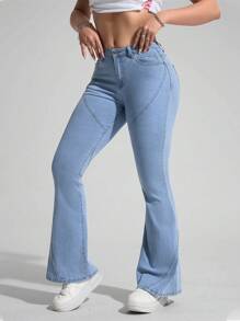 SHEIN EZwear Women's Casual Washed Low Waist Slim Flared Jeans - Light Wash - View 2