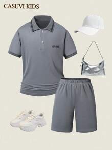 SHEIN Explorewe 2 件女童服装 - 灰色 Polo 衫和图案印花短裤套装，休闲校园风格百搭日常和运动装，适合春夏季 - 灰色 - 查看 8