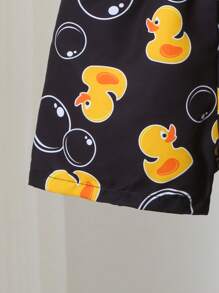 Baby Boy Swimwear Beach Shorts, Drawstring Waist Little Duck Pattern Swim Trunks - Black - View 5