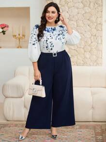 Modelyn 2pcs/Set Plus Size Round Neck Lantern Sleeve Floral Top And Crystal Waist Belt Wide Leg Long Pants - Multicolor - View 5