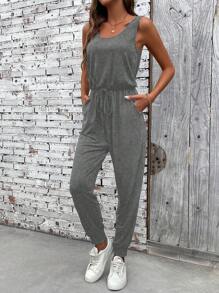 EMERY ROSE Women's Solid Color Jumpsuit With Adjustable Straps And Ankles, Simple And Stylish For Summer - Grey - View 3