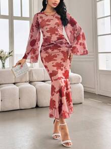 Modelyn Robe élégante femme col rond long à fleurs en maille, coupe ajustée évase en forme de sirène, romantique