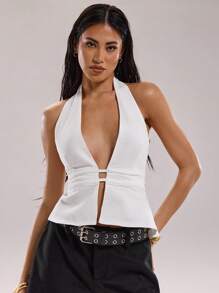 SHEIN BAE 女士休闲牛仔衬衫，简约风格适合夏季 - 白色 - 查看 5