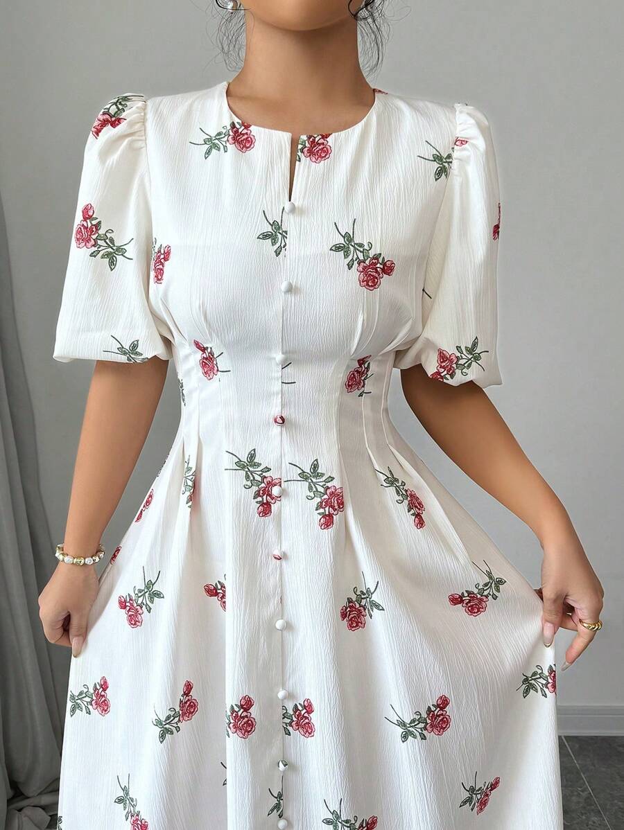 Modelyn A-Line Waist Cinching Floral Print Short Sleeve Dress, Spring/Summer - Red - View 1