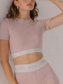 Aralina Women Letter Print Short Sleeve Crop Top And Shorts Sports Set - Pink - View 4