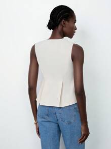 Lumivelle 女士纯色 V 领荷叶边下摆休闲背心 - 杏色 - 查看 2