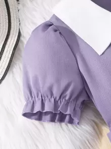 SHEIN Váy vải họa tiết đơn hàng khuy tay bồng ngắn cổ màu tương phản cho bé gái tuổi mới lớn - Màu tím - Xem 4