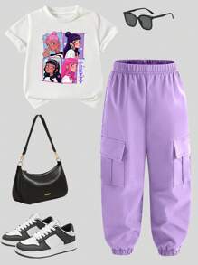 SHEIN Young Girl Cartoon Print Short Sleeve Top And Drawstring Cargo Pants 2 Pieces Set - Purple - View 2