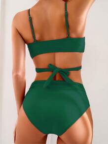 SHEIN Swim Springbreak Solid Color Criss-Cross Cut-Out Tied Bikini Top And Bottom Swimwear Set For Summer Beach Vacation - Dark Green - View 2
