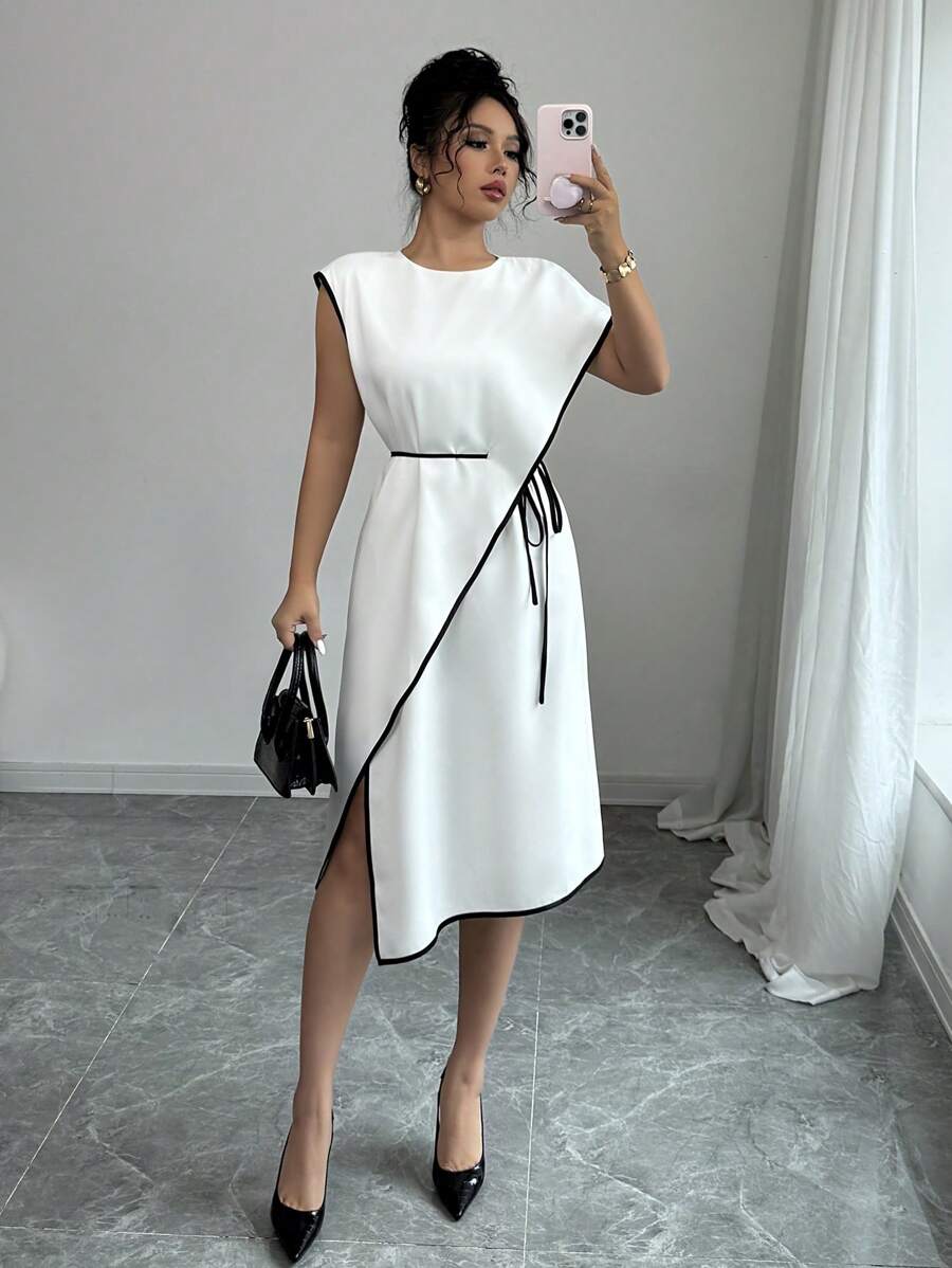 Elenzga 2025秋季新款法式极简连衣裙，宽松优雅高端不对称系带腰连衣裙，适合约会、郊游、度假、花园、家庭聚会、劳动节、节假日、独立日、返校、教师装、万圣节、感恩节