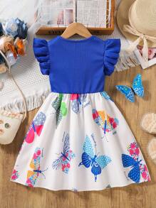 SHEIN Young Girls' Simple Chic Blue Ribbed Patched Butterfly Print Ruffle Hem Dress With 3D Bow Decor, Summer - Blue - View 2