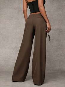 SHEIN BAE 女士休闲纯灰色宽腿宽松裤，腰部有孔眼装饰和抽绳，适合日常穿着和通勤 - 咖啡棕 - 查看 2