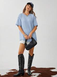 Wildy Ropa informal de verano estilo occidental bohemio para mujeres, atuendo para conciertos de country, camiseta azul casual de corte holgado con dobladillo deshilachado para mujeres