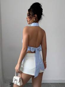 Elenzga Boho Style Backless Tie-Knot Blue & White Stripe Crop Top, Suitable For Music Festival In Spring/Summer - Blue - View 5
