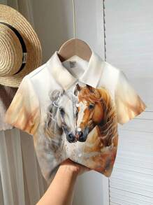 SHEIN Fine Horse, White Horse, Brown Horse, Young Boys Casual Loose Comfortable Daily Wear Short Sleeve Shirt, Suitable For Spring And Summer