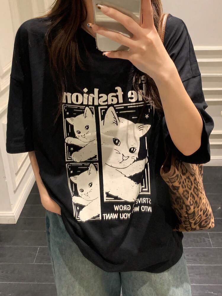 Women's Casual Loose Fit Cat & Letter Print T-Shirt Cute Tops,Graphic Tees,Teacher Outfits