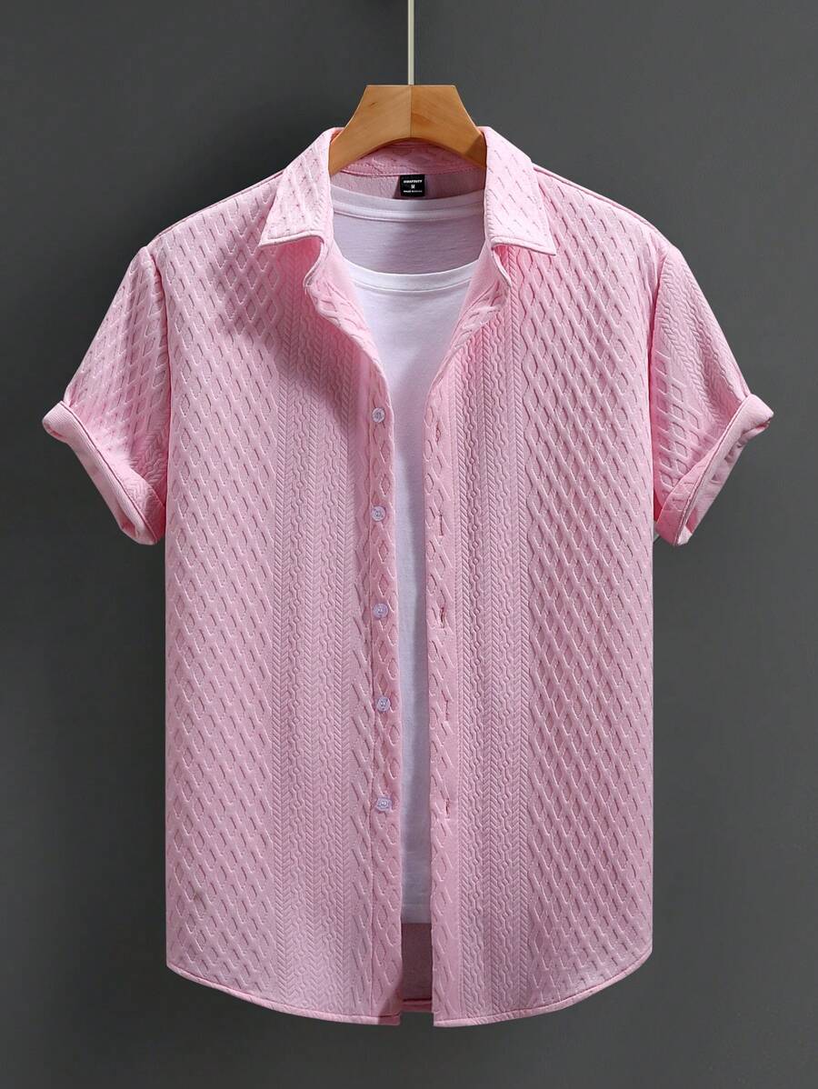 Manfinity Homme Áo sơ mi nam tay ngắn họa tiết đơn giản màu trơn đơn giản - Hồng - Xem 1