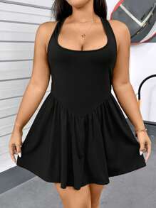 SHEIN Essnce Plus-Size Women's Sleeveless High Elastic Knit Back Cross Kinky Halter Dress Pants Culottes Yoga Fitness Tracksuit, Jumpsuit, Culottes
