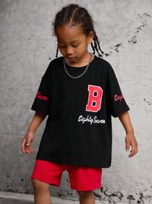 SHEIN 2pcs/Set Young Boy Casual Letter Print Patchwork Round Neck Drop Shoulder Short Sleeve T-Shirt And Shorts Set,Summer New Design For Vacation,School - Multicolor - View 3