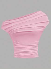 Girlism Teen Girls' Pink Ruched Shoulder Gathered Waist Fitted Knit Asymmetrical Shoulder Sleeveless T-Shirt, Versatile & - Pink - View 1