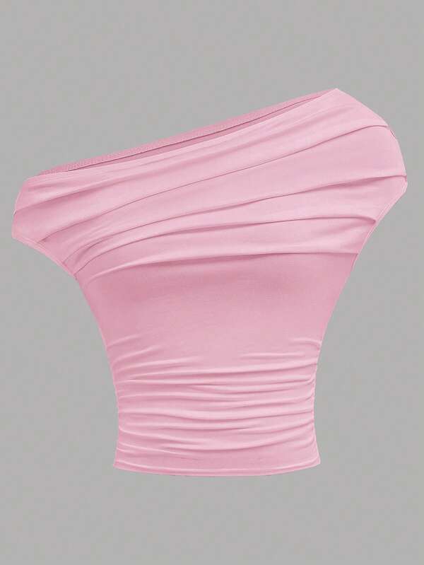 Girlism Teenager Mädchen Teen Rosa Raffung Schulter Geraffter Taille Anliegendes Gestricktes Asymmetrisches Schulter Ärmelloses T-Shirt, Vielseitig &