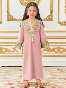 SHEIN Young Girl Loose Casual Extra Long Gold Thread Ribbon Tassel Loose Robe - Pink - View 5