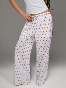 SHEIN Unity Pantaloni drepti cu imprimeu cireș cu talie reglabilă - alb - Vizualizare 5