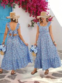 Flirla Plus Size Women's Spring/Summer Square Neck Backless Bow Ditsy Floral Dress