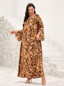 Al Najma Leinenkleid mit gestreiftem Muster und ausgestelltem Saum, arabischer Stil, bescheiden - Orange - Übersicht 5