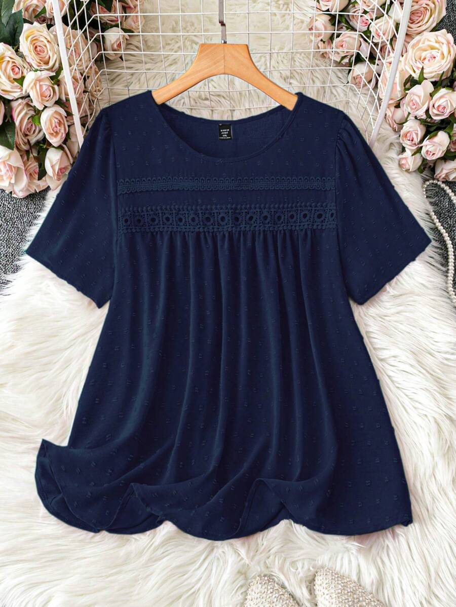SHEIN LUNE 大码纯色提花休闲衬衫,适合日常穿着,适合新年服装 - 藏蓝色 - 查看 1