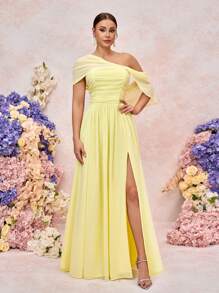SHEIN Belle 春夏优雅浪漫浅黄色雪纺不对称肩部褶皱垂袖褶皱高开衩A字下摆适合晚餐约会单身派对生日度假返校季毕业礼服婚礼活动伴娘服 - 黃色 - 查看 3