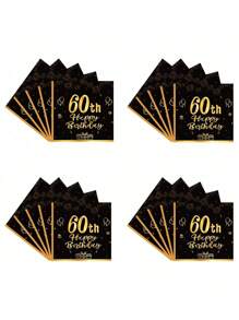 SHEIN Servietten zum 60. Geburtstag Schwarz und Gold, 20 Stücke 60. Tafelgeschirr Partys Servietten, 60. Geburtstag Dekorationen Tissue-Papierserviette, Weihnachten - Schwarz - Übersicht 1