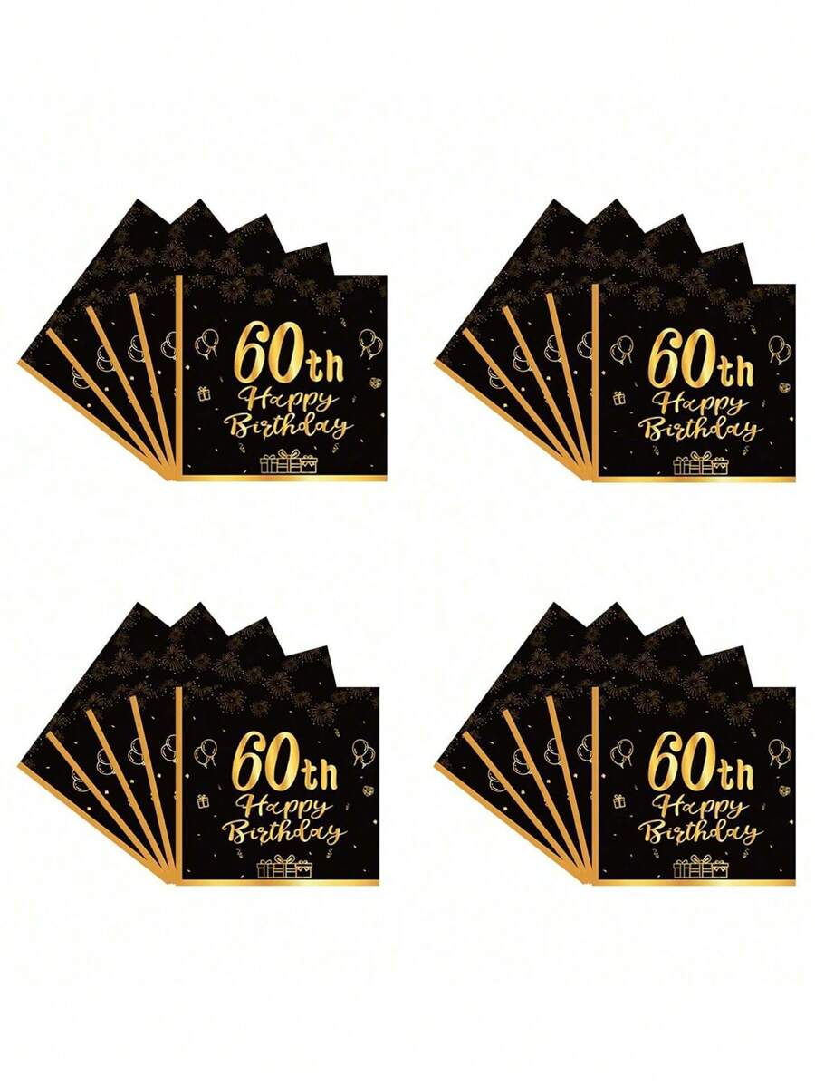 SHEIN Servietten zum 60. Geburtstag Schwarz und Gold, 20 Stücke 60. Tafelgeschirr Partys Servietten, 60. Geburtstag Dekorationen Tissue-Papierserviette, Weihnachten - Schwarz - Übersicht 1