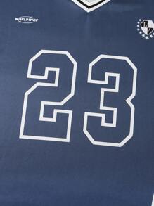 SHEIN Teen Boys' Numbers Print V-Neck Short Sleeve Casual T-Shirt - Blue - View 5