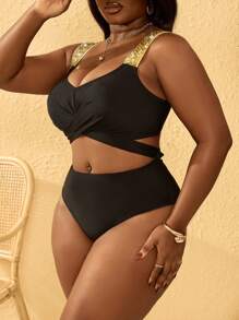 SHEIN Slayr CURVE Plus Size Women 2 Pieces Swimwear, Solid Color Cross Front High Waisted Bottoms, Minimalist Chic Beach Vacation Bikini