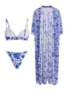 SHEIN Swim Oasis Women's Vacation Beach Butterfly Print Bikini Set With Coverup - Red and White - View 2
