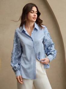 Anewsta Nouvelle blouse d'été/printemps ample à rayures bleues et blanches, patchwork et brodée, décontractée mais habillée pour femme