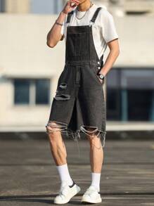Manfinity Hypemode Men's Casual Grey Denim Ripped Short Overalls With Strap Neckline And Sleeveless Design - Grey - View 6