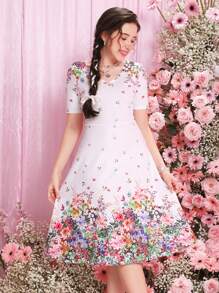 SHEIN 少女針織花邊領燒花v領休閒裙 - 白色 - 查看 2