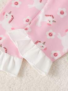 2pcs/Set Baby Girl Cute Unicorn Patched Ruffle Trim Long Sleeve Top And Pants Home Outfit - Pink - View 3