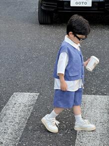 SHEIN 3 件套年轻男孩休闲侧袋无袖上衣、纯色领衬衫和长裤套装，适合开学第一天、日常穿着、户外、运动、春夏季