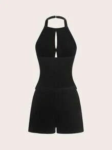 Easelle Black Velvet Bow Decor Backless Halter Top And Mini Skirt Fitted 2 Pieces Set - Black and White - View 4