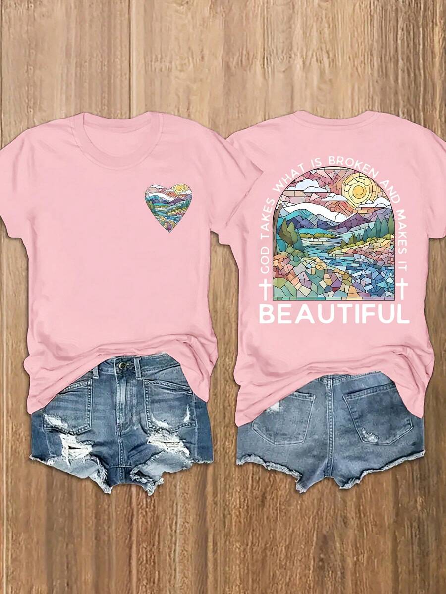 女式圆领 T 恤，印有宗教信仰基督教诗篇经文和风景图案，“上帝使破碎变得美丽”