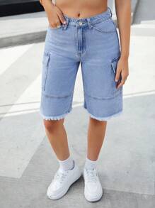 SHEIN Essnce Women's Casual Distressed Denim Cargo Shorts - Medium Wash - View 1