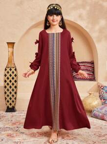 SHEIN Tween Girls' Patchwork Retro Print Loose Casual Square Neck Long Sleeve Dress