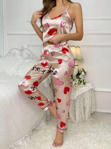 Lip Print & Letter Silk Spaghetti Strap Long Pants Pajama Set - Multicolor - View 5