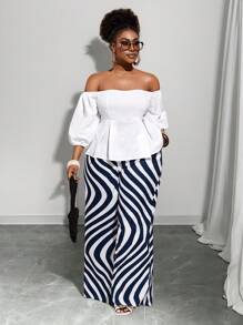 Slaydiva 2025 Noua tinuta Rave/Paste Plus Size Femei/Stil Bani Vechi Plus Size Femei/Tinuta Concert Country/Tinute Going Out/Fairycore/Tinute Festival/Vacanta Tropicala Imbracaminte Plus Size Femei Tinute Vara Pentru Femei Plus Size/Vara/Rave/Vara Europeana/Tinute Primavara/Tinuta Western Wear Plus Size/Graduare Casual Set de 2 bucăți cu mâneci bufante, alb, romantic, elegant și pantaloni cu dungi geometrice abstracte
